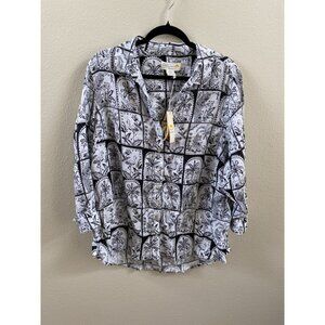 C&C California Womens 100% Linen Button-Up Shirt Black White Botanical 1X NEW